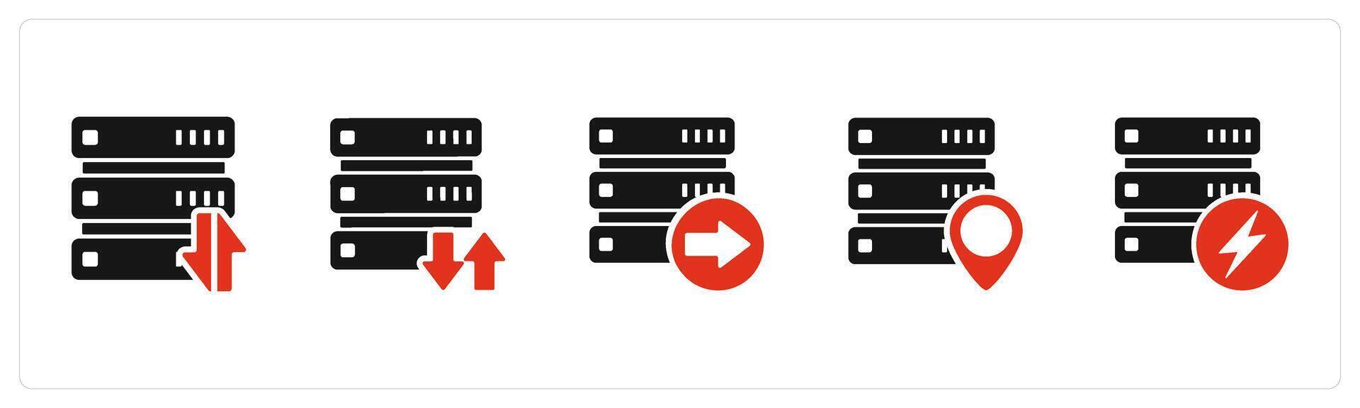 A set of 5 Internet icons as synchronize server, send server, server location vector