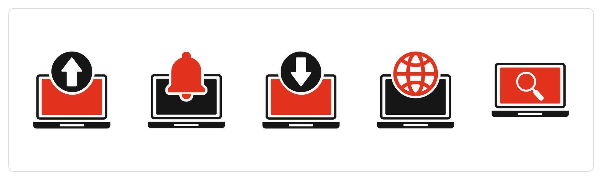 A set of 5 Internet icons as upload laptop, laptop notification, download laptop vector