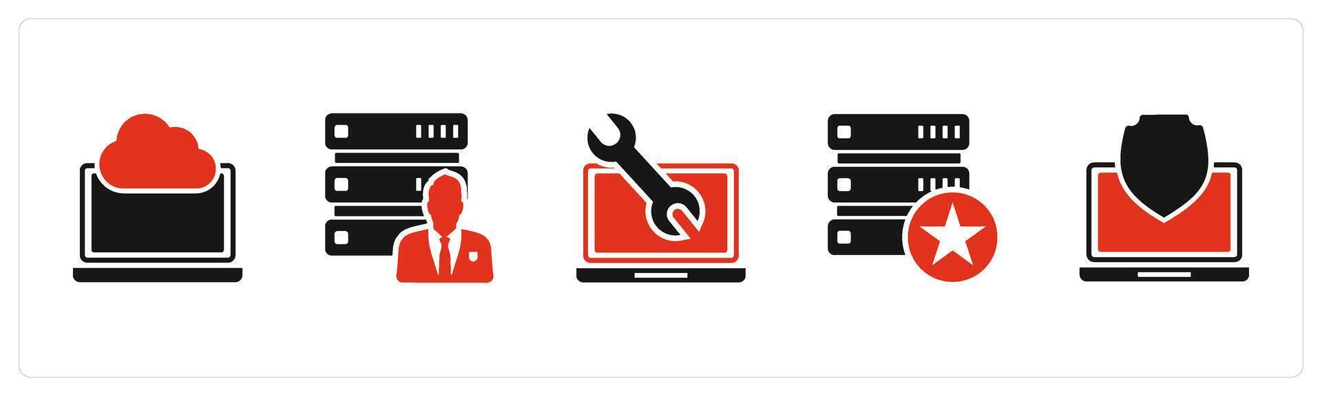 A set of 5 Internet icons as cloud laptop, server owner, laptop maintenance vector