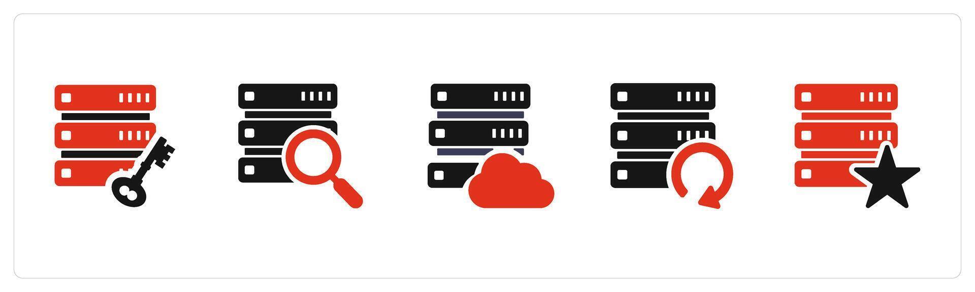 A set of 5 Internet icons as server protection, search database, cloud server vector