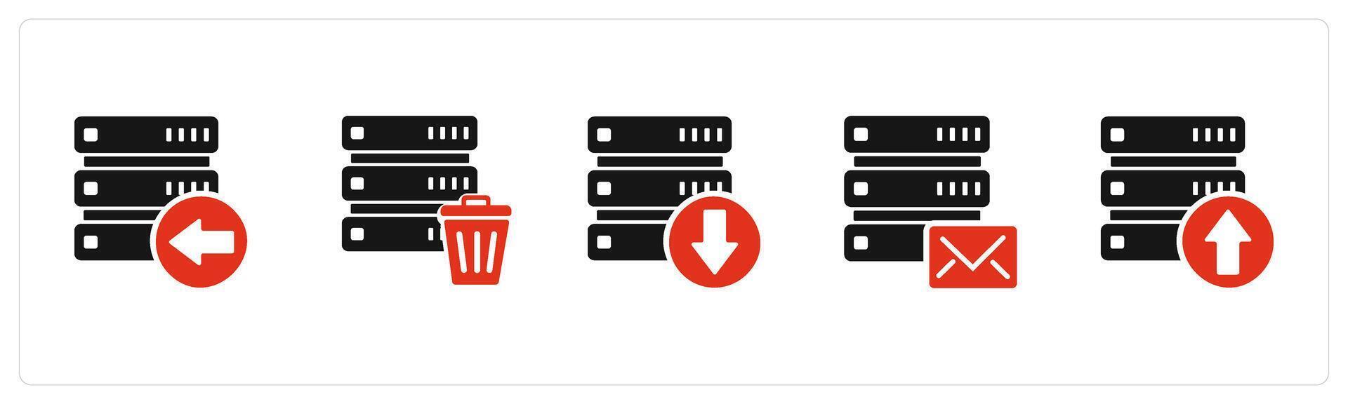 A set of 5 Internet icons as receive server, trash server, download server vector