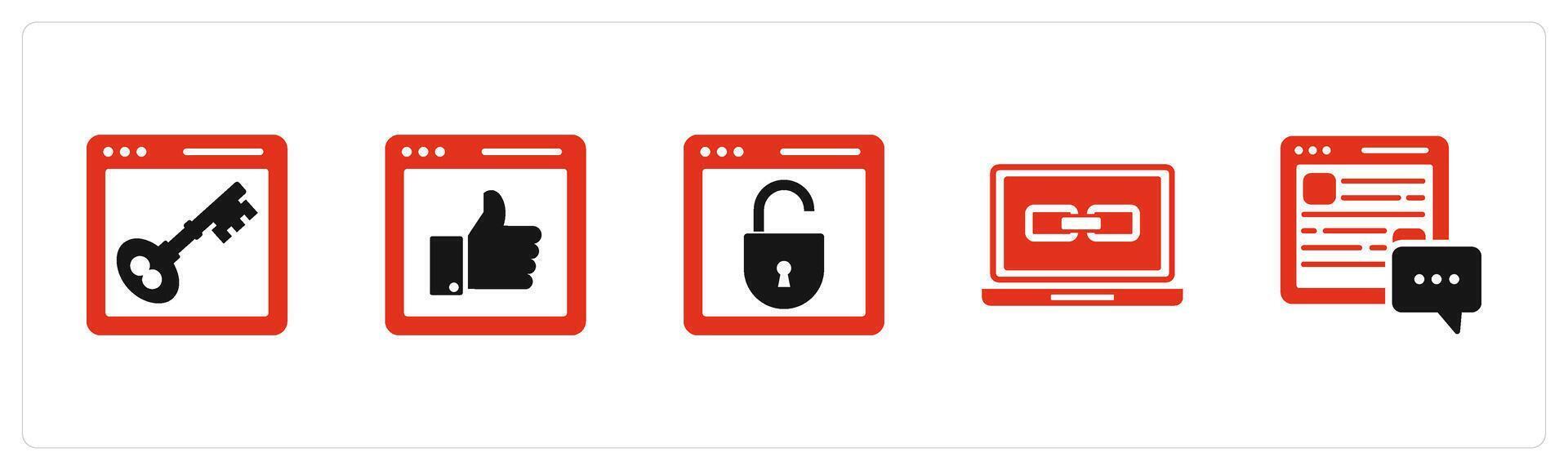 A set of 5 Internet icons as webpage protection, like webpage, link laptop vector