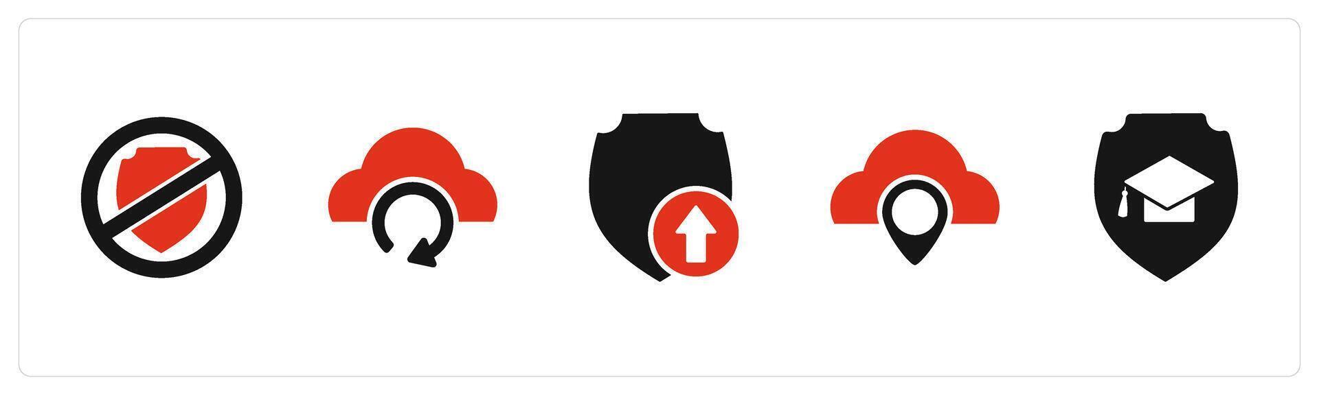 A set of 5 Internet icons as shield prohibited, update cloud, upload shield vector