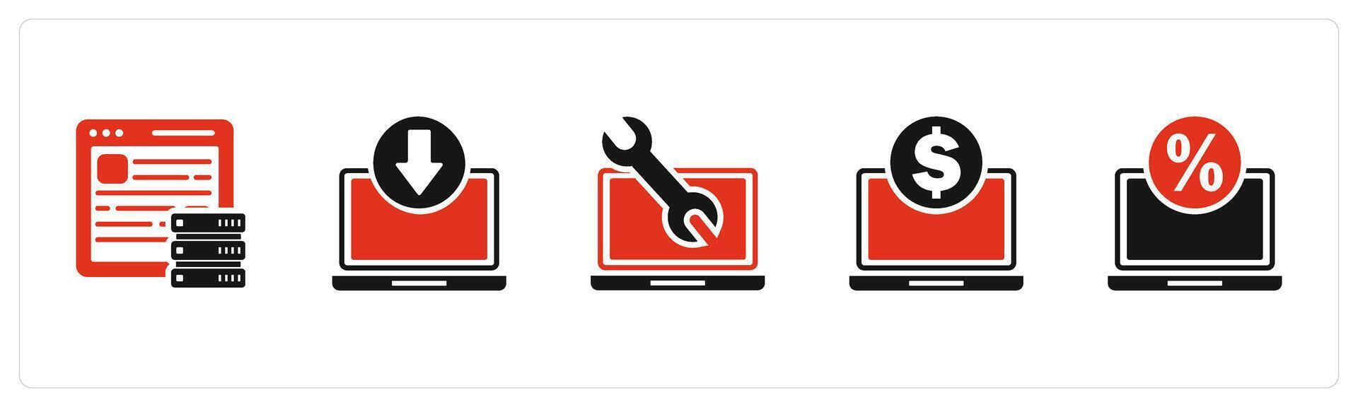 A set of 5 Internet icons as hosting, download laptop, laptop maintenance vector