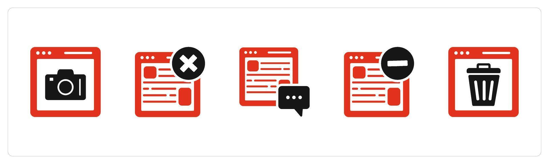 A set of 5 Internet icons as online photography, wrong webpage, vector