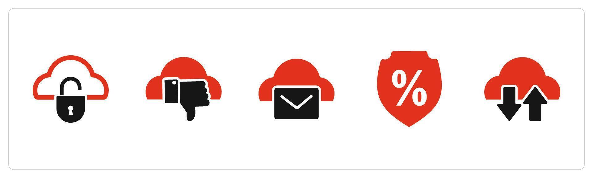 A set of 5 Internet icons as cloud security, dislike cloud, cloud message vector
