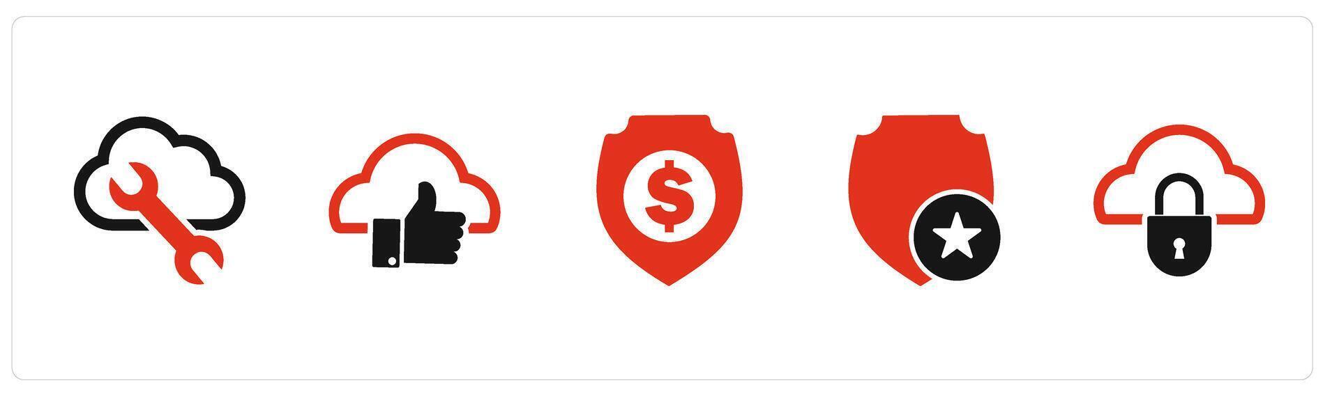 A set of 5 Internet icons as cloud setting, approve cloud, money security vector
