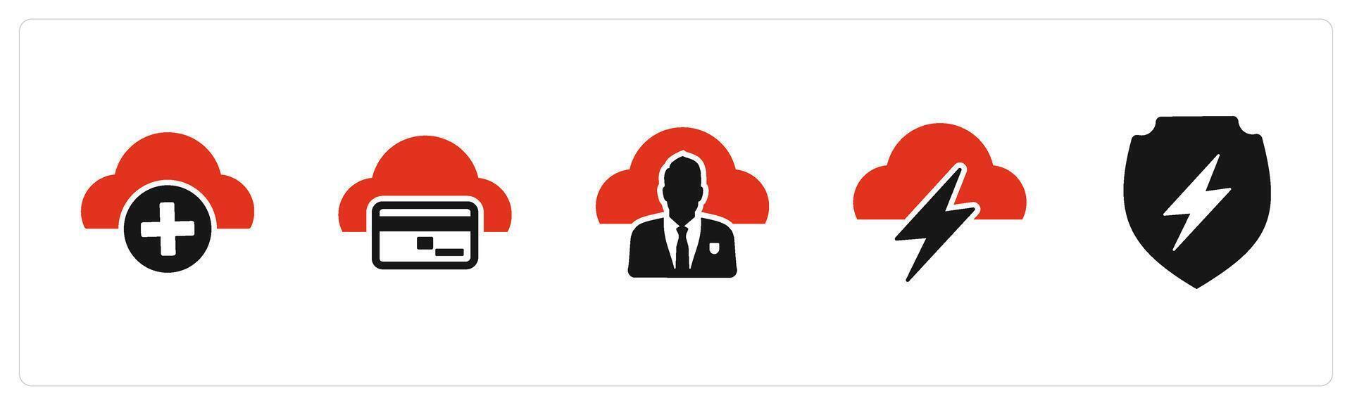 A set of 5 Internet icons as add cloud, cloud card, user cloud vector