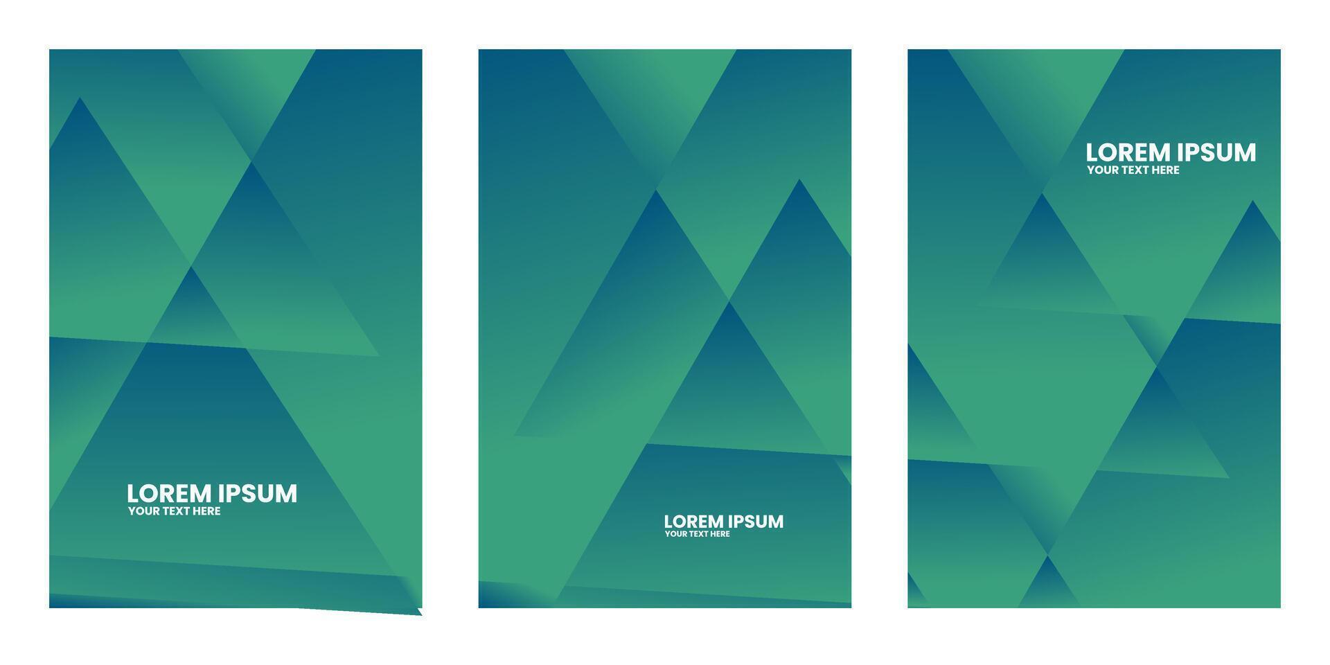 Three abstract rectangular shapes with overlapping triangles in shades of green. vector