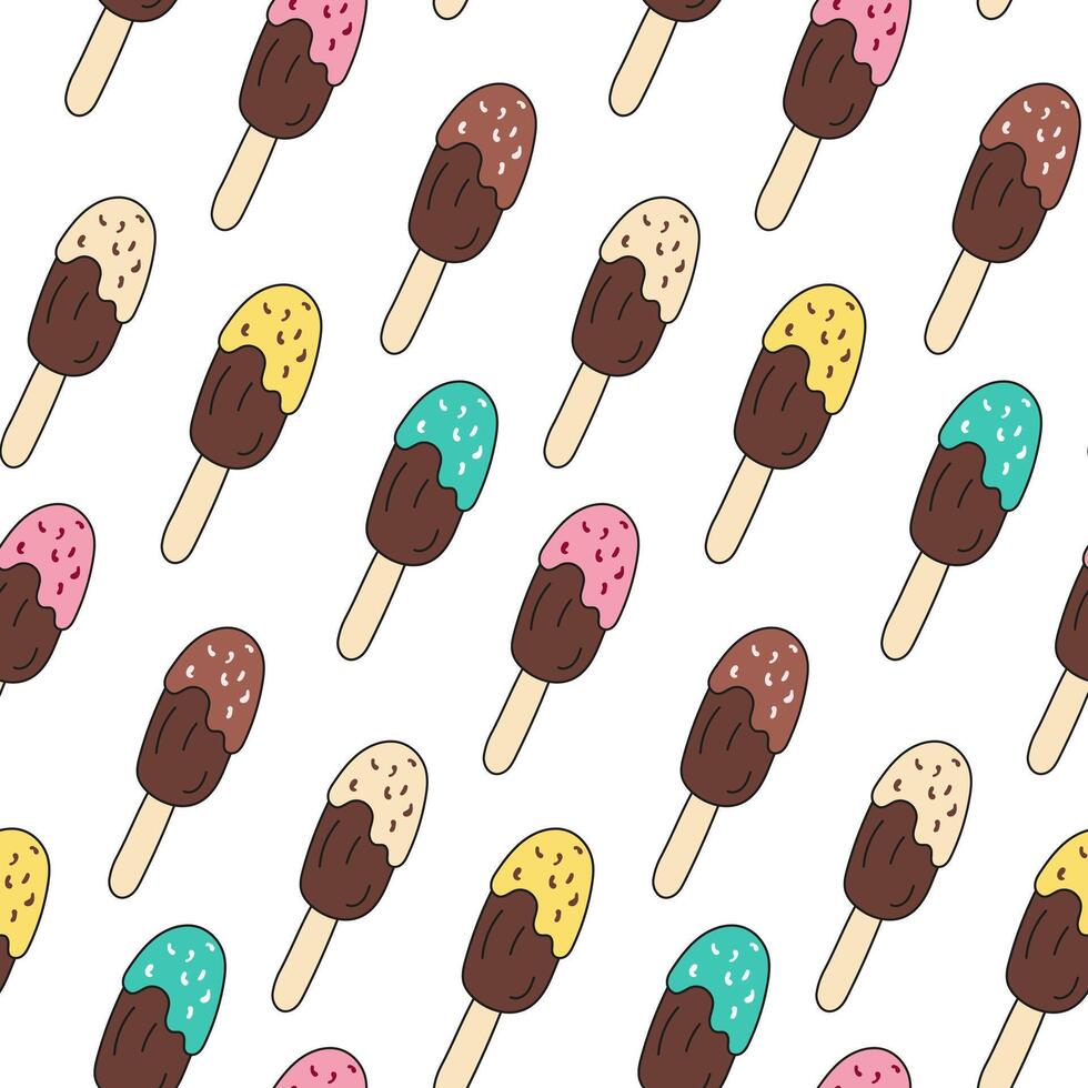 Ice Cream with chocolate glaze and sweet sprinkles patterns endless. Cold colorful dessert, popsicle on stick. Seamless pattern for wallpaper, fabric, packaging, background. vector