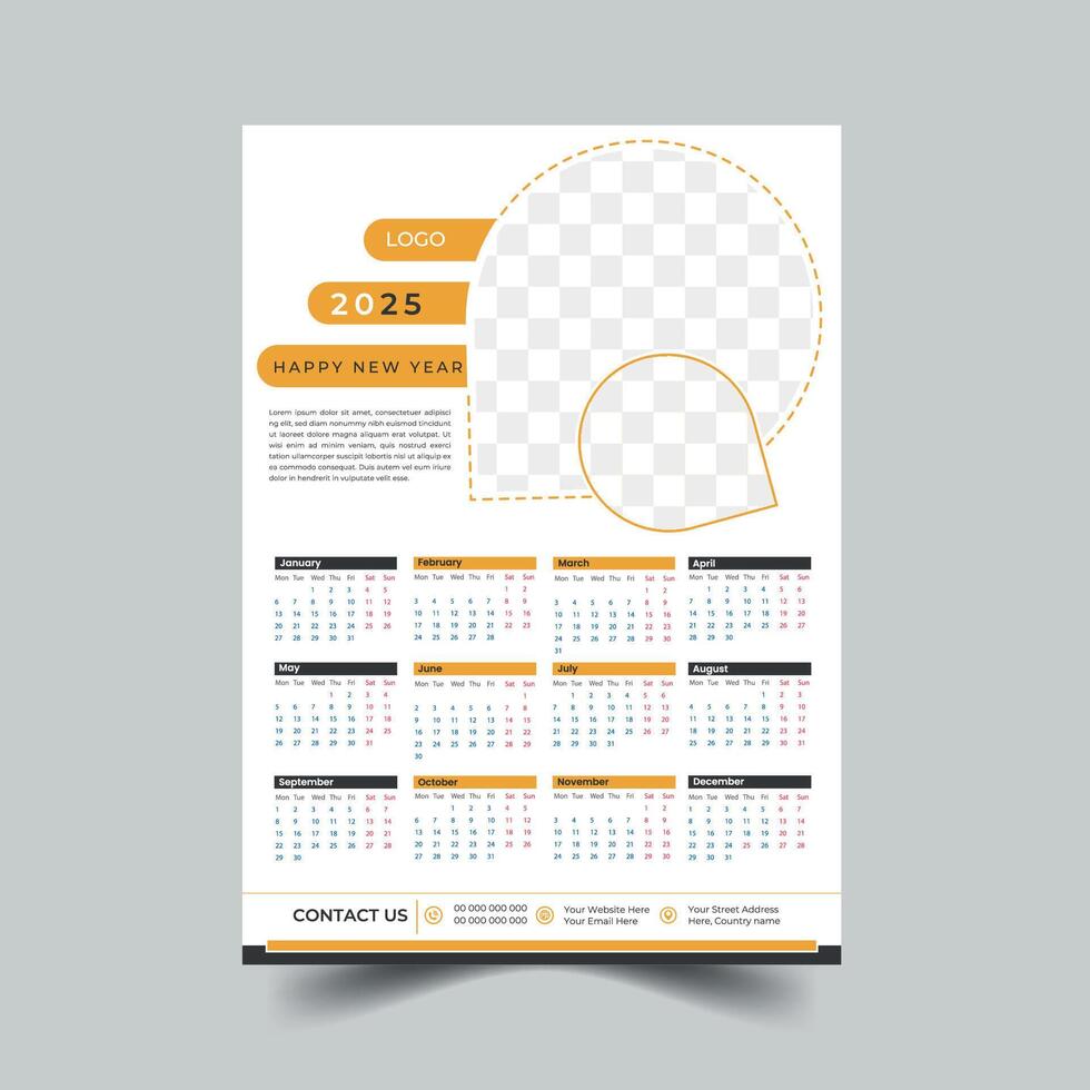 2025 year monthly office planner, calendar starts monday, two red weekends, white background, simple and clean design, Wall calendar, Corporate design planner template vector