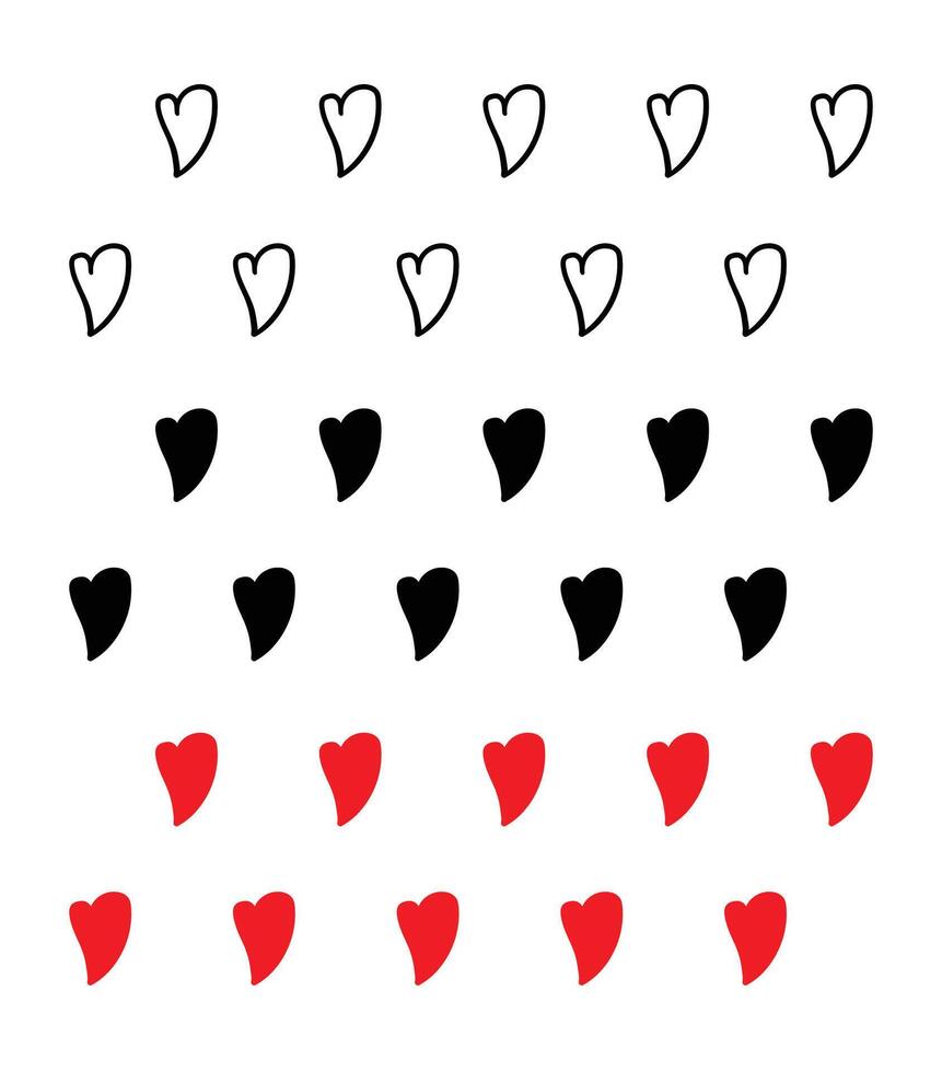Set of seamless hand drawn line art, silhouette and red heart doddles pattern illustration isolated on white background vector