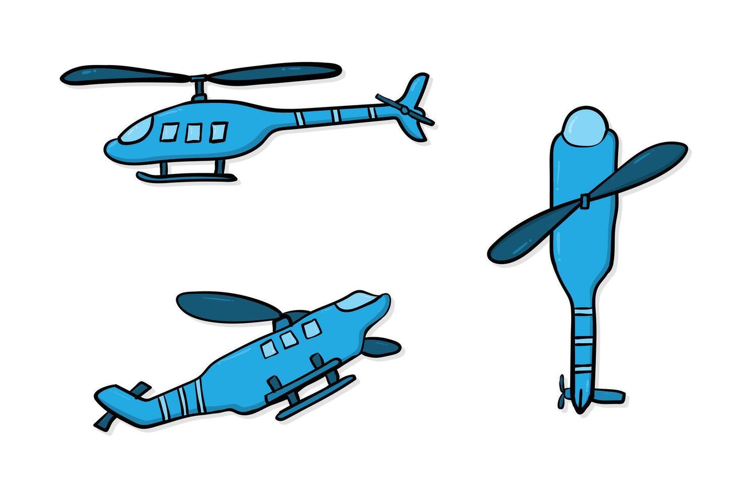 Set of cute flying transport helicopter, hand drawn doodle blue chopper, flat colored graphic illustration isolated on white background vector