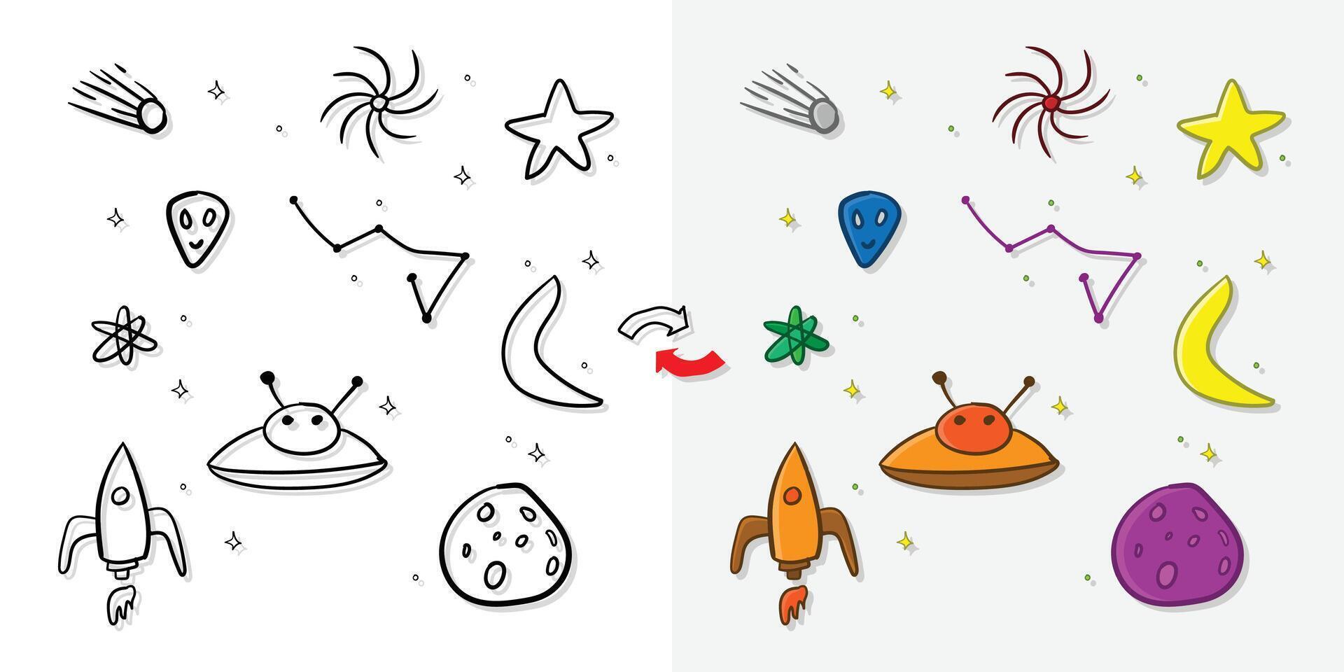 Hand drawn space elements icons pattern, space doodle background illustration with space rocket, alien ship, planet, and stars vector
