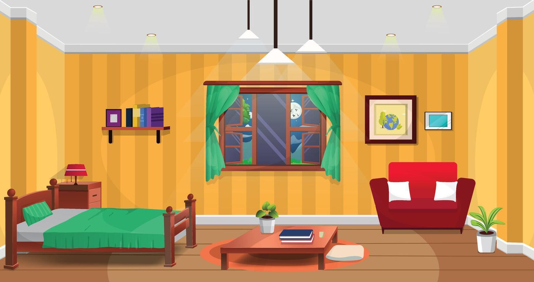 Living room interior comfortable bed and sofa, window and house plants flat illustration eps 10 vector