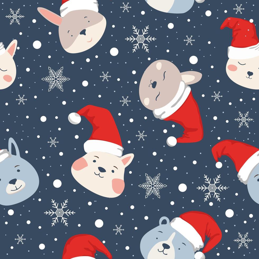 Seamless pattern with Christmas animal faces and snowflakes. Snowy winter background with Santa's hats. Kids backdrop for nursery, textile, wallpaper, clothes print, wrapping paper vector