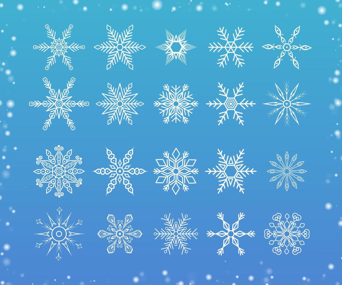 Set of Snowflakes. Doodle line snow icons silhouette. Elaborate snowflakes isolated, transparent. Design element for christmas banner, cards, new year decoration. vector