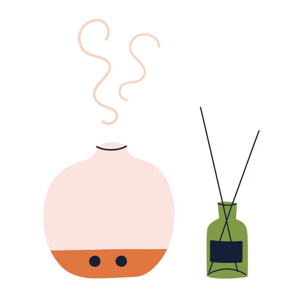illustration of two aroma diffusers, electronic device and glass bottle with rattan sticks. Flat cartoon design, perfect for wellness, relaxation, aromatherapy, and interior decor visuals vector