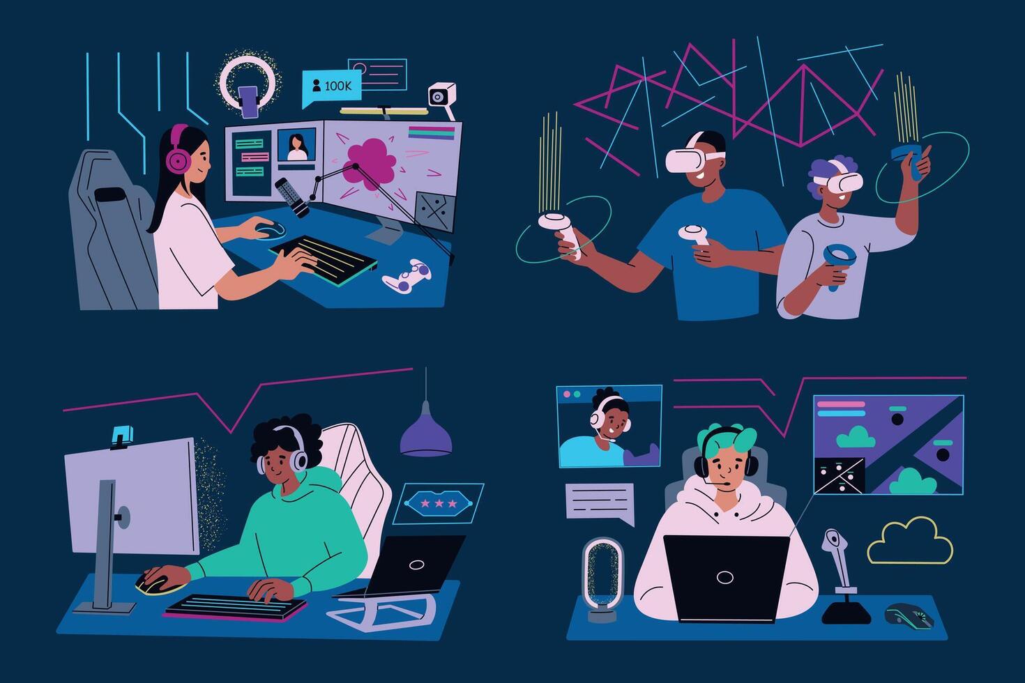 Gamers playing games, VR and streaming. Flat cartoon style, characters with consoles, computers, game controllers. Online gaming, virtual reality and teamwork. Esports, gamer room setups vector