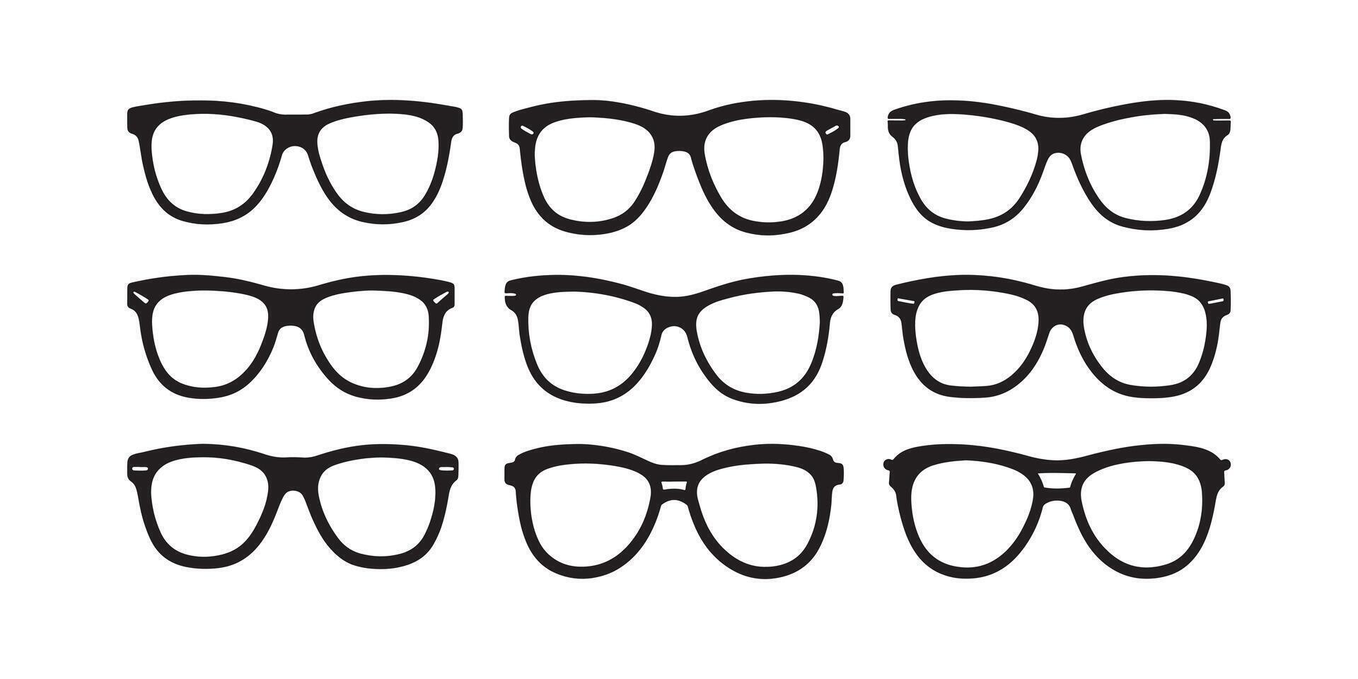 Eyeglasses Icons, Glasses icon. Set of glasses icons. Eyeglasses collection clip art Silhouette. Black glasses silhouette isolated on white. vector