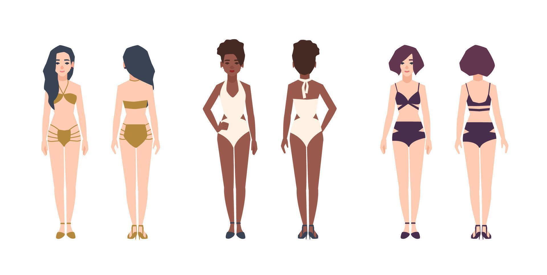 Bundle of multiracial women wearing swimwear. Set of pretty girls dressed in bikini and swimsuits. Female cartoon characters isolated on white background. Front and back views. illustration vector