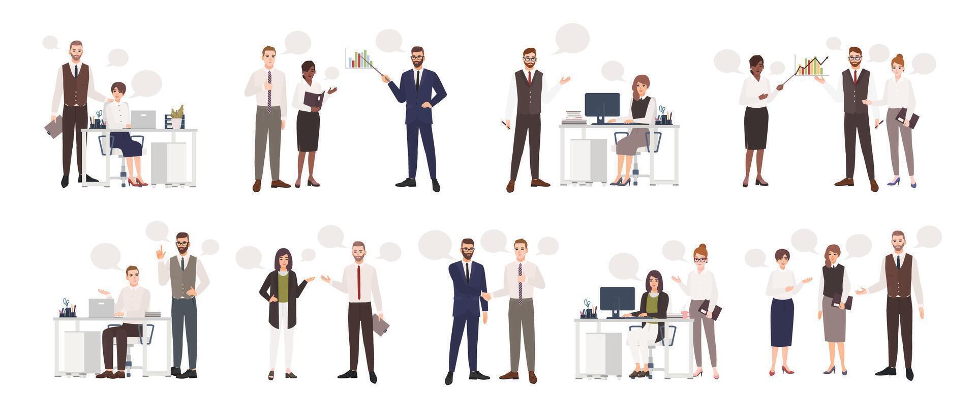 Set of male and female office workers talking to each other. Business people or clerks communicating with colleagues, negotiating, making presentations. Flat cartoon colorful illustration vector