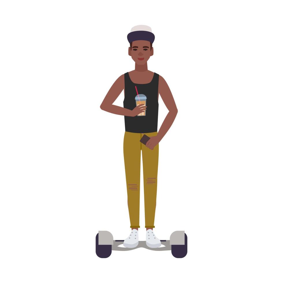 Young teenage african american boy in cap holding plastic glass with soft drink and smartphone riding hoverboard or self-balancing scooter. Flat cartoon male character. Colorful illustration vector