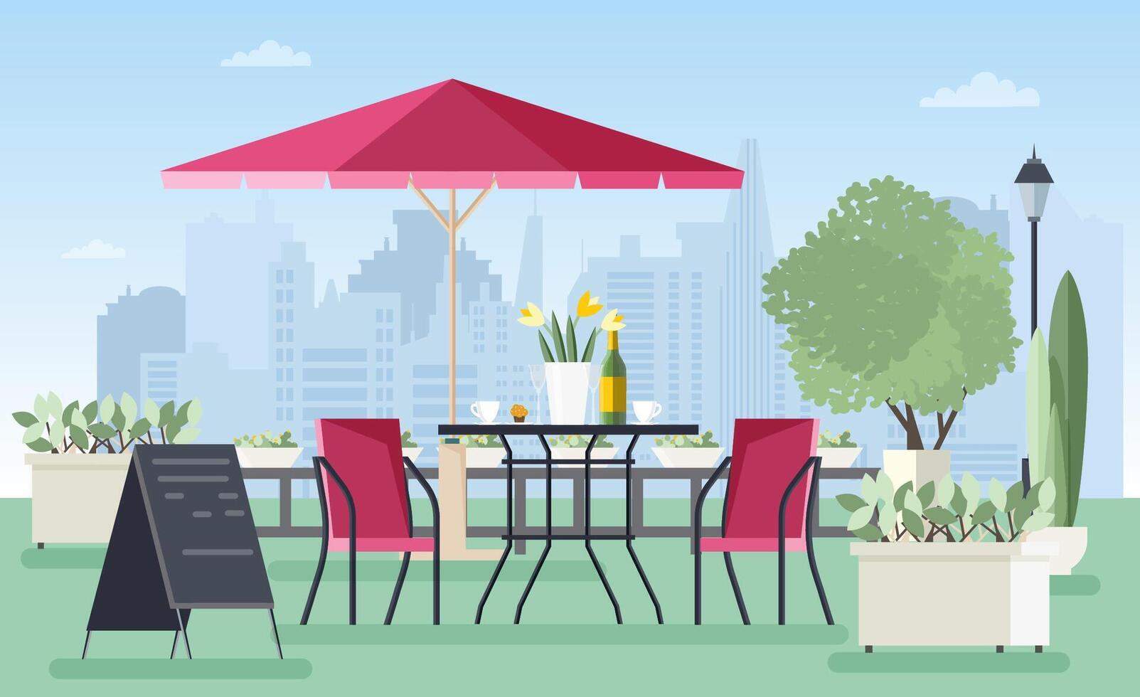 Summer outdoor cafe, coffeehouse or restaurant with table, chairs, umbrella and welcome board standing on city street against skyscrapers on background. Colorful illustration in flat style. vector