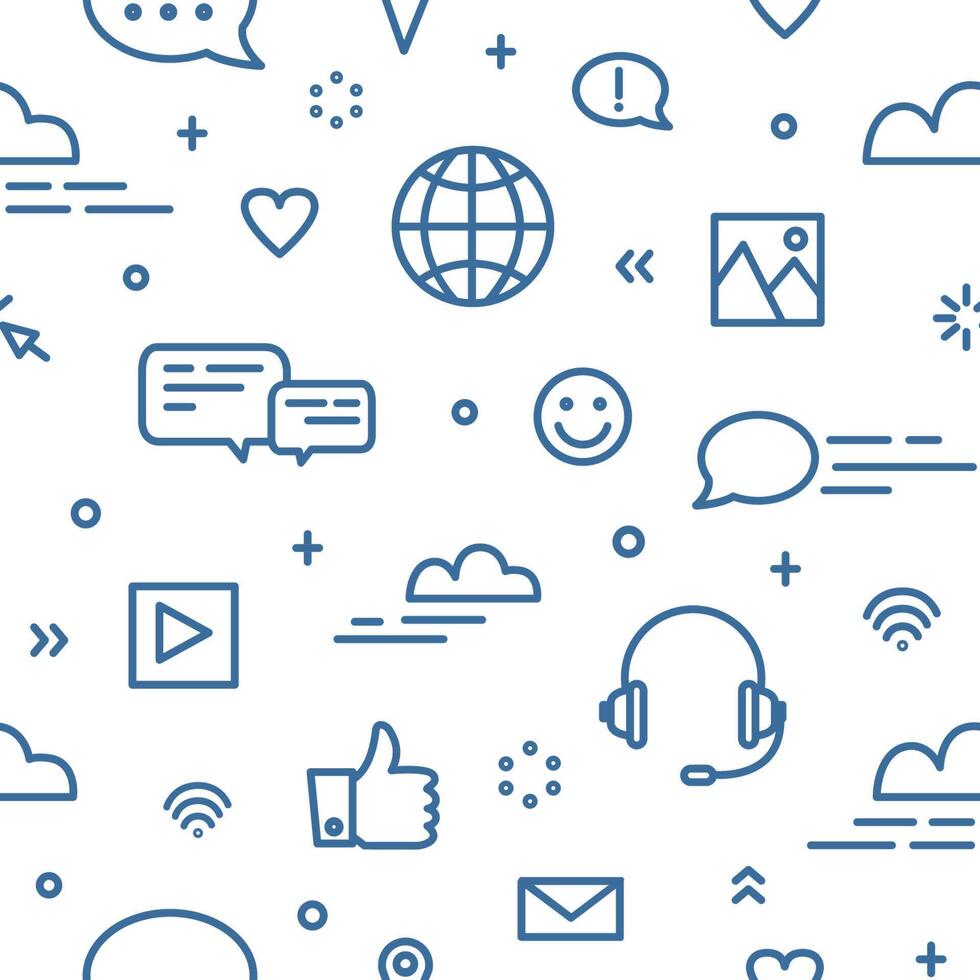 Seamless pattern with social media and networking, global internet communication, chatting and instant messaging symbols on white background. illustration in line art style for wallpaper vector