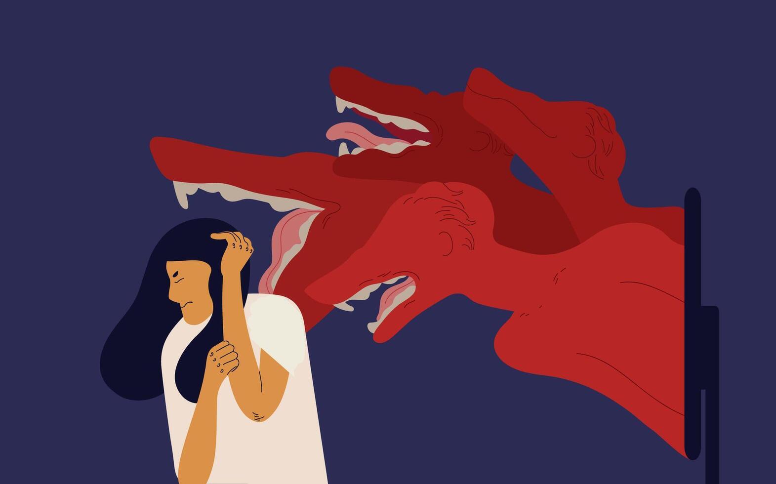 Woman covering head with hands with fear and terrible monsters coming out of computer screen. Concept of cyberbullying or cyberharassment, harmful behavior on internet. Colorful illustration. vector