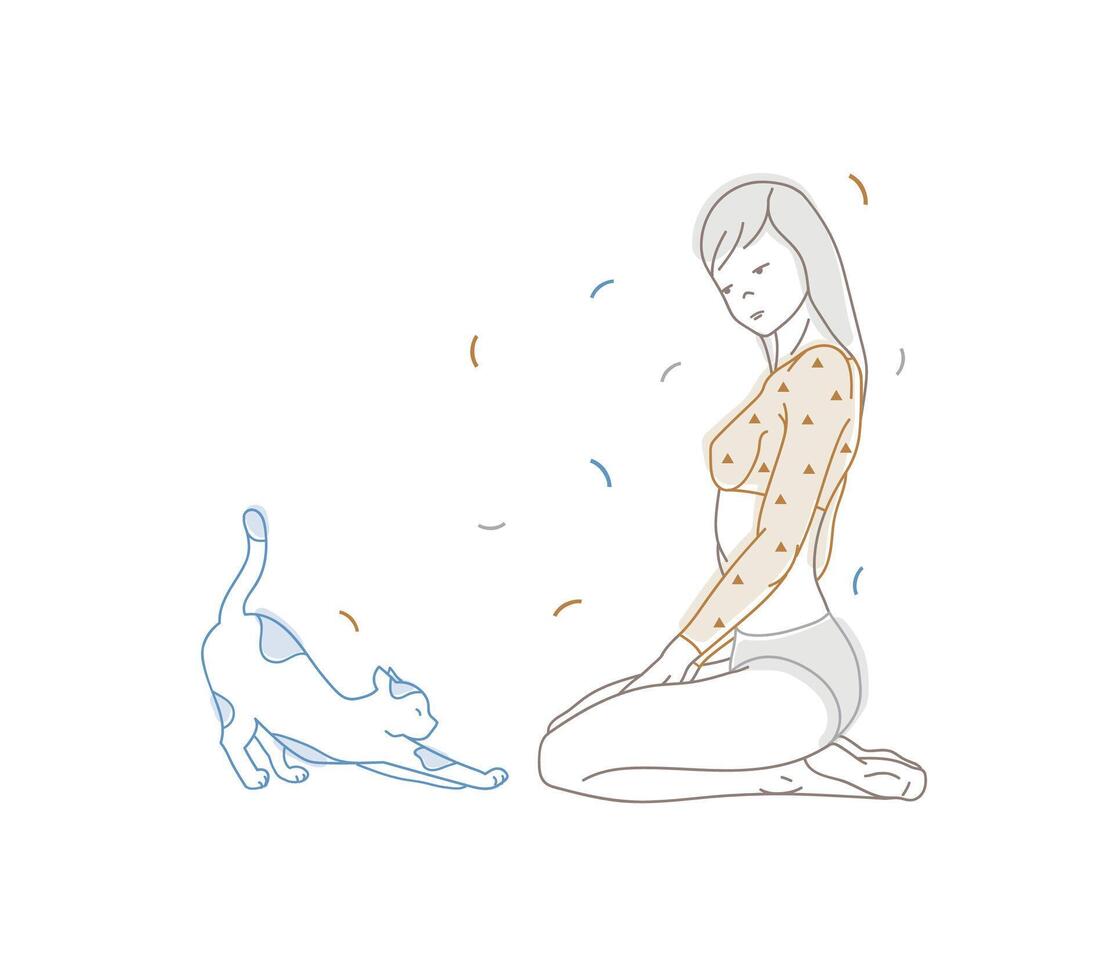 Gorgeous girl dressed in panties and long sleeved crop top sitting on floor and cat hand drawn with contour lines on white background. Young beautiful woman and her pet animal. illustration. vector