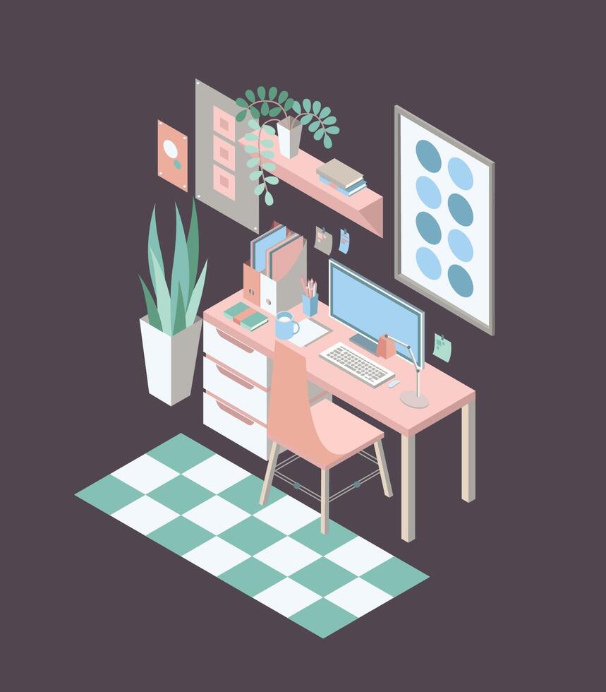 Isometric workplace with desk, chair, computer, shelf, wall pictures, potted plants, carpet isolated on dark background. Modern interior of comfortable home office. Colorful illustration. vector