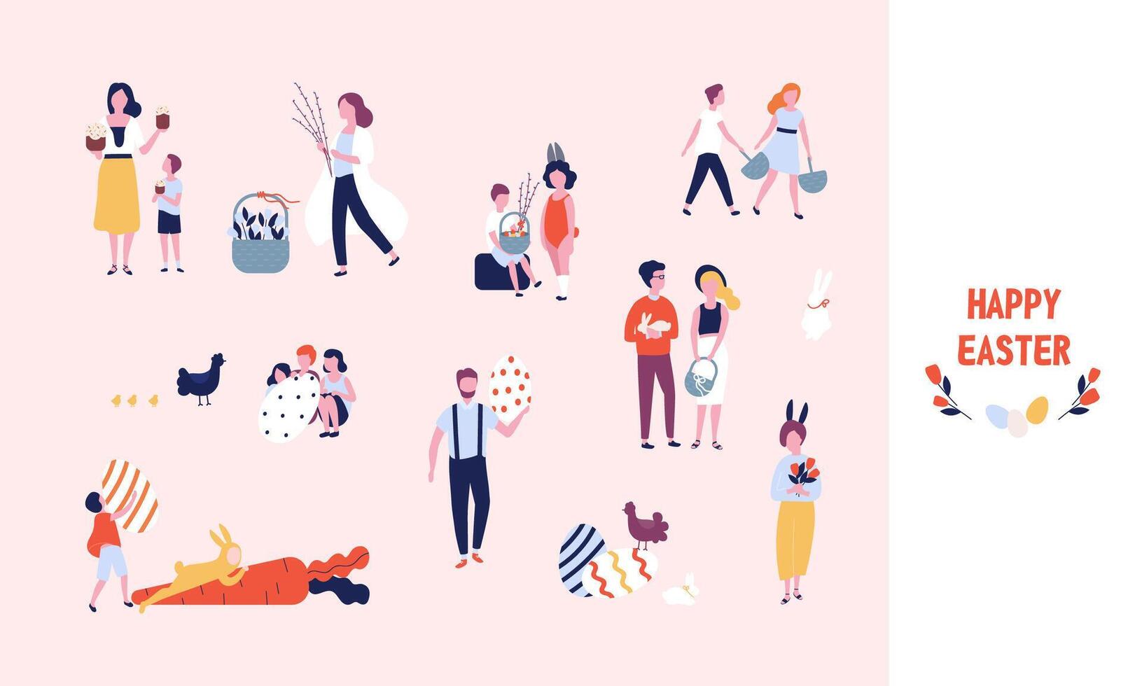 Collection of people carrying large decorated easter eggs, cakes, flowers and willow branches, playing kids dressed in bunny costumes. Bundle of flat cartoon characters. illustration vector
