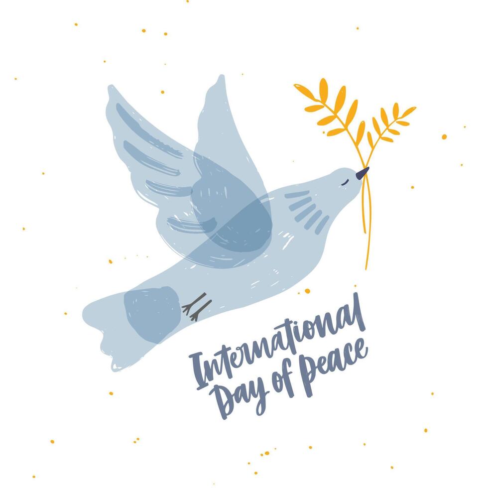 Cute gray translucent dove, pigeon or bird flying and carrying olive branch and International Day of Peace lettering. Symbol of pacifism and antimilitarism. Hand drawn cartoon illustration vector