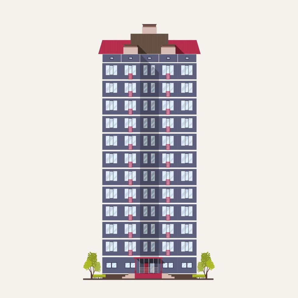 Tall city panel building with many floors built in modern architectural style. Multistory living house isolated on white background. Real estate architecture and construction. illustration. vector
