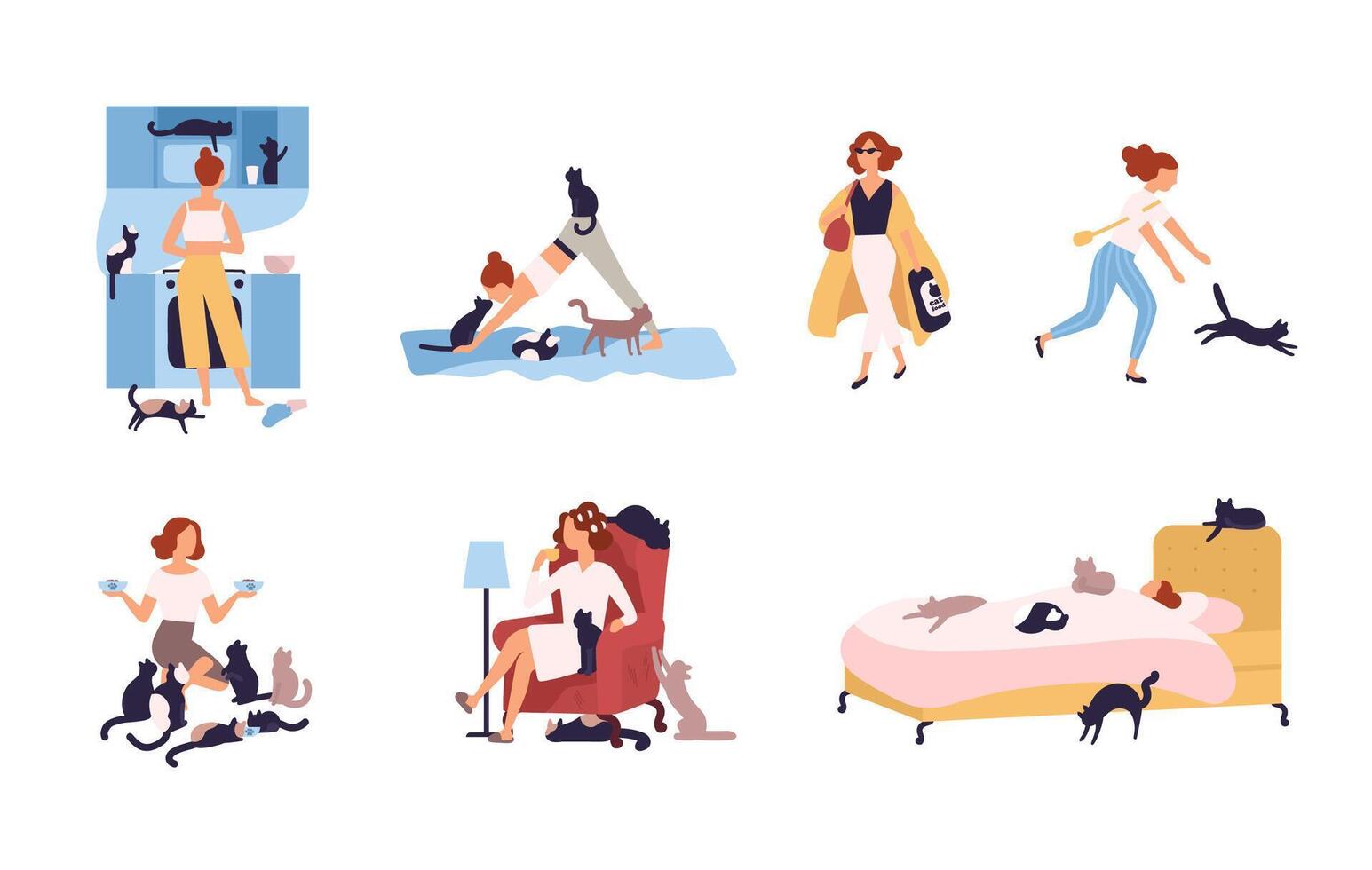 Set of crazy cat lady performing her daily activities being surrounded by pets - sleeping, doing yoga, drinking coffee. Funny cartoon characters isolated on white background. illustration. vector
