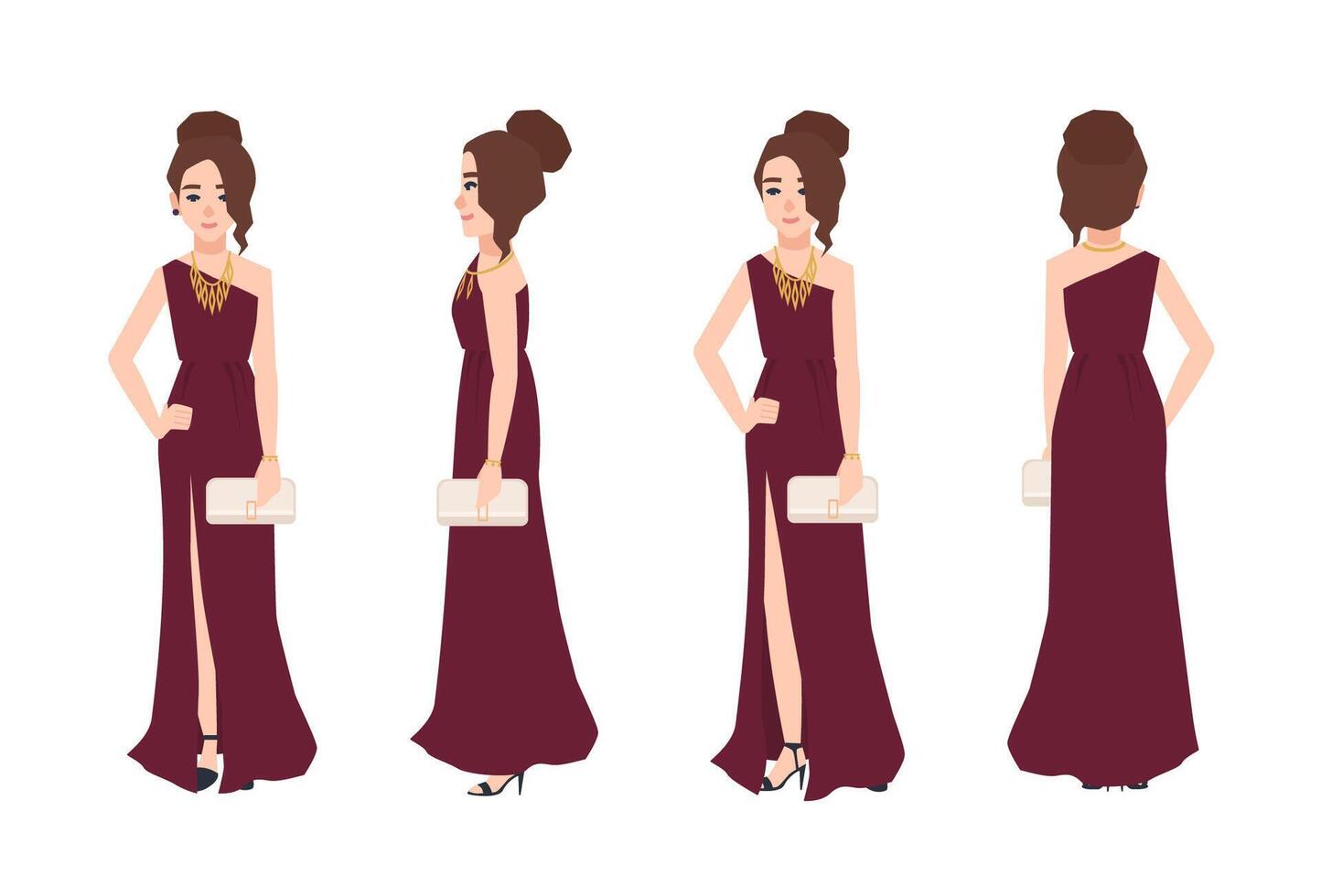 Young smiling woman with elegant hairstyle wearing long one-shoulder evening dress with split front and holding clutch bag isolated on white background. Front, side, back views. illustration vector
