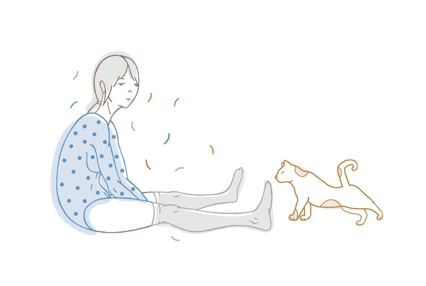 Beautiful girl dressed in dotted bodysuit and stockings and cat hand drawn with contour lines on white background. Drawing of young pretty woman and her cute pet animal. Colored illustration. vector