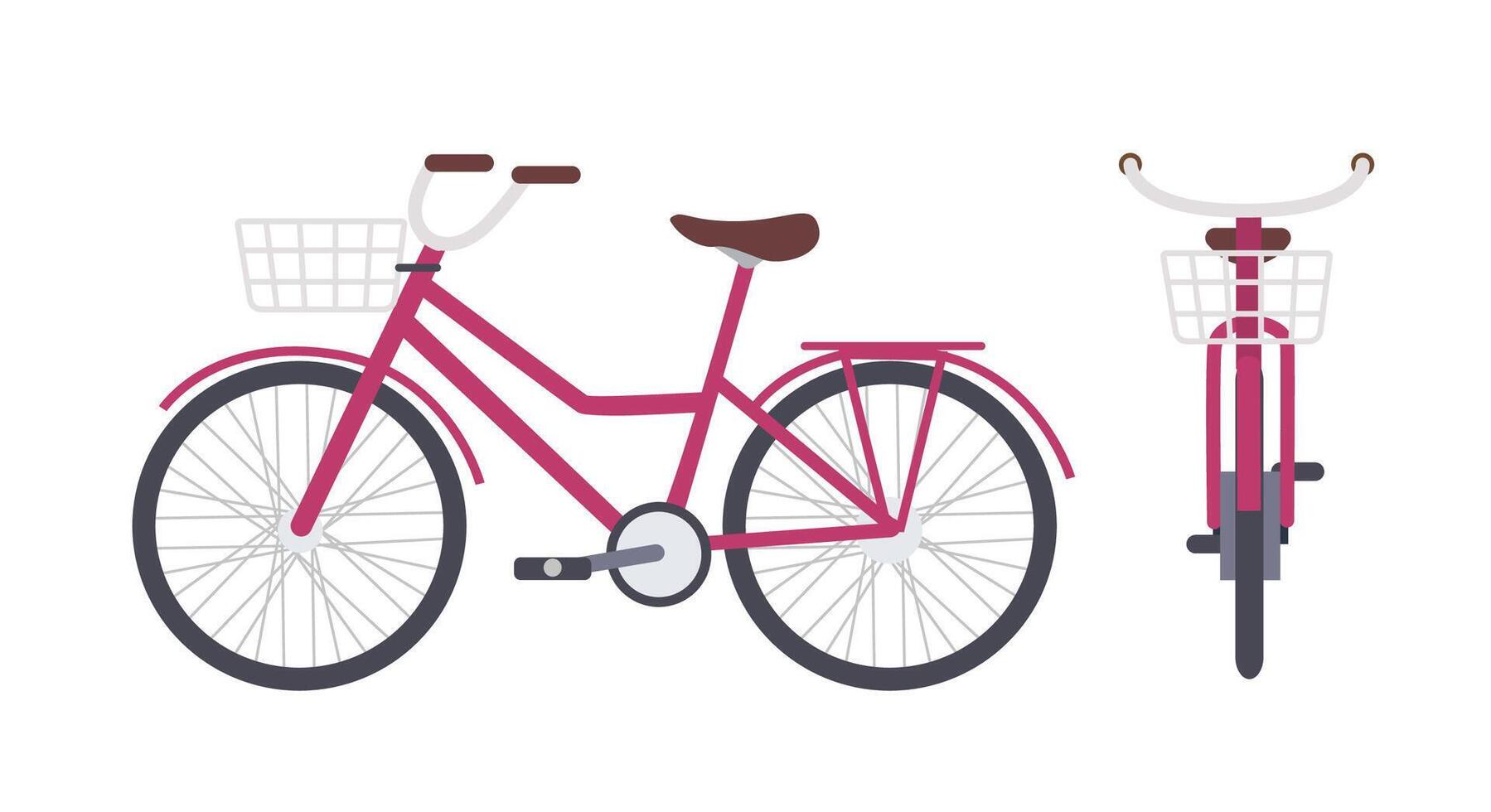 Elegant pink city bike or urban bicycle with step-through frame and front basket isolated on white background. Modern pedal-driven vehicle. Front and side views. Colorful illustration. vector