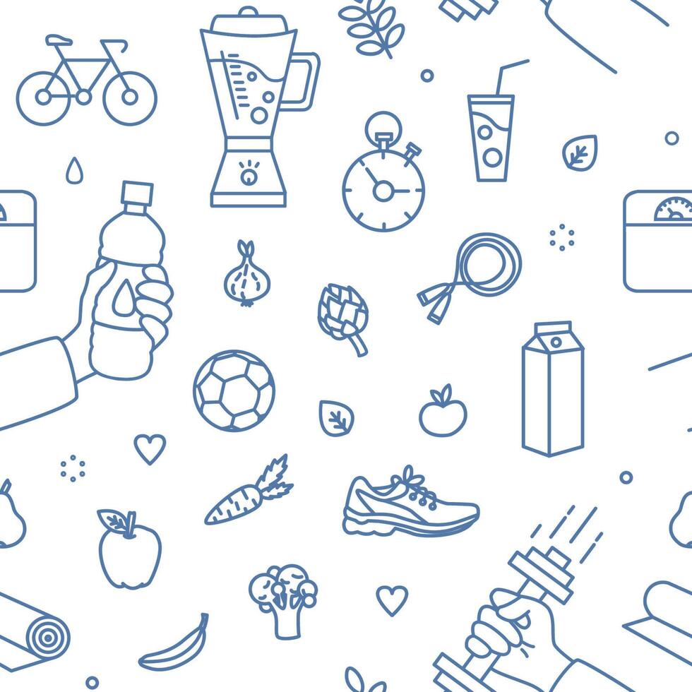 Modern seamless pattern with healthy lifestyle attributes drawn with blue contour lines on white background - sports equipment, wholesome food. Monochrome illustration in line art style. vector