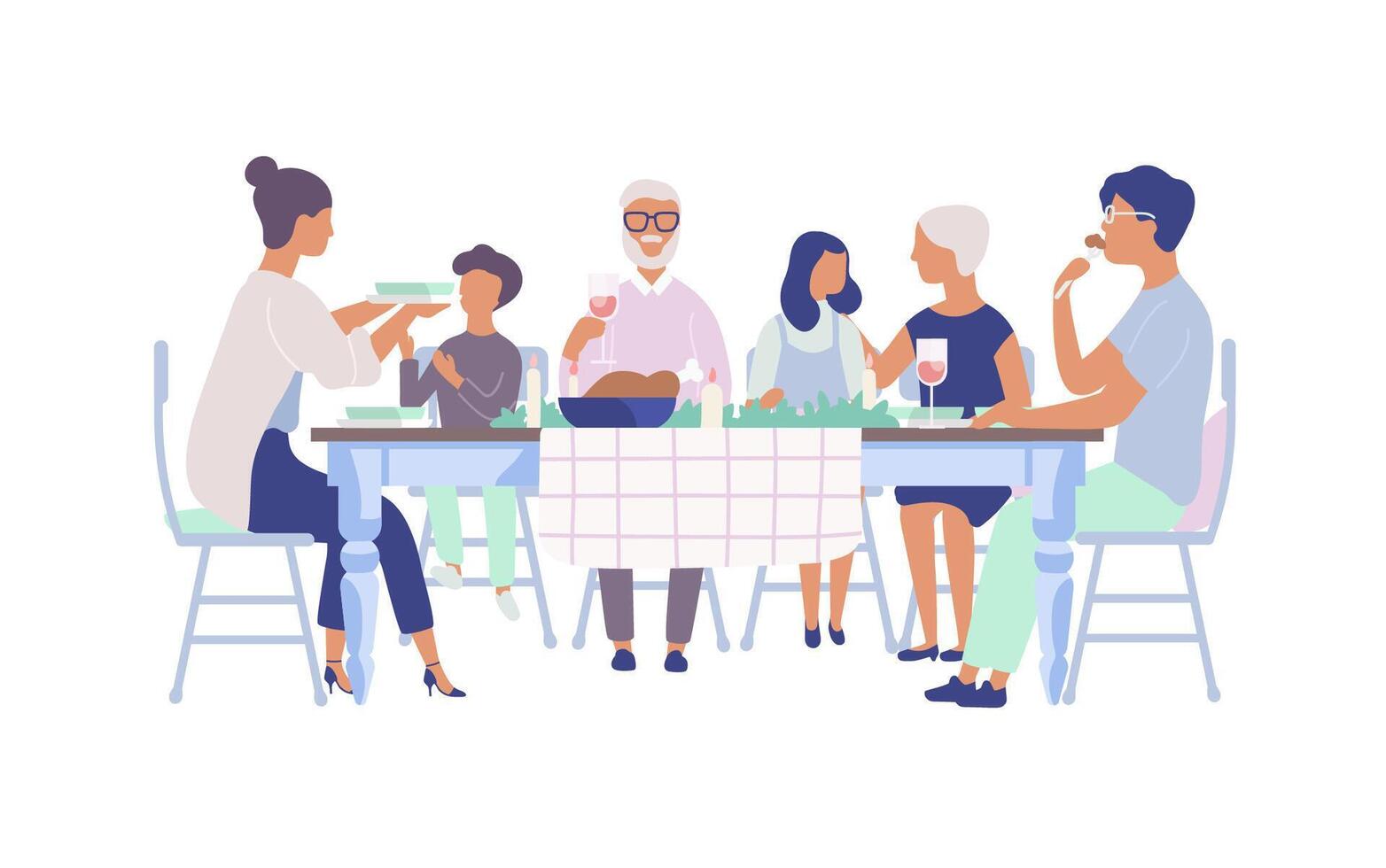 People sitting at table decorated with candles, eating food, drinking wine and talking to each other. Family holiday dinner. Flat cartoon characters isolated on white background. illustration. vector