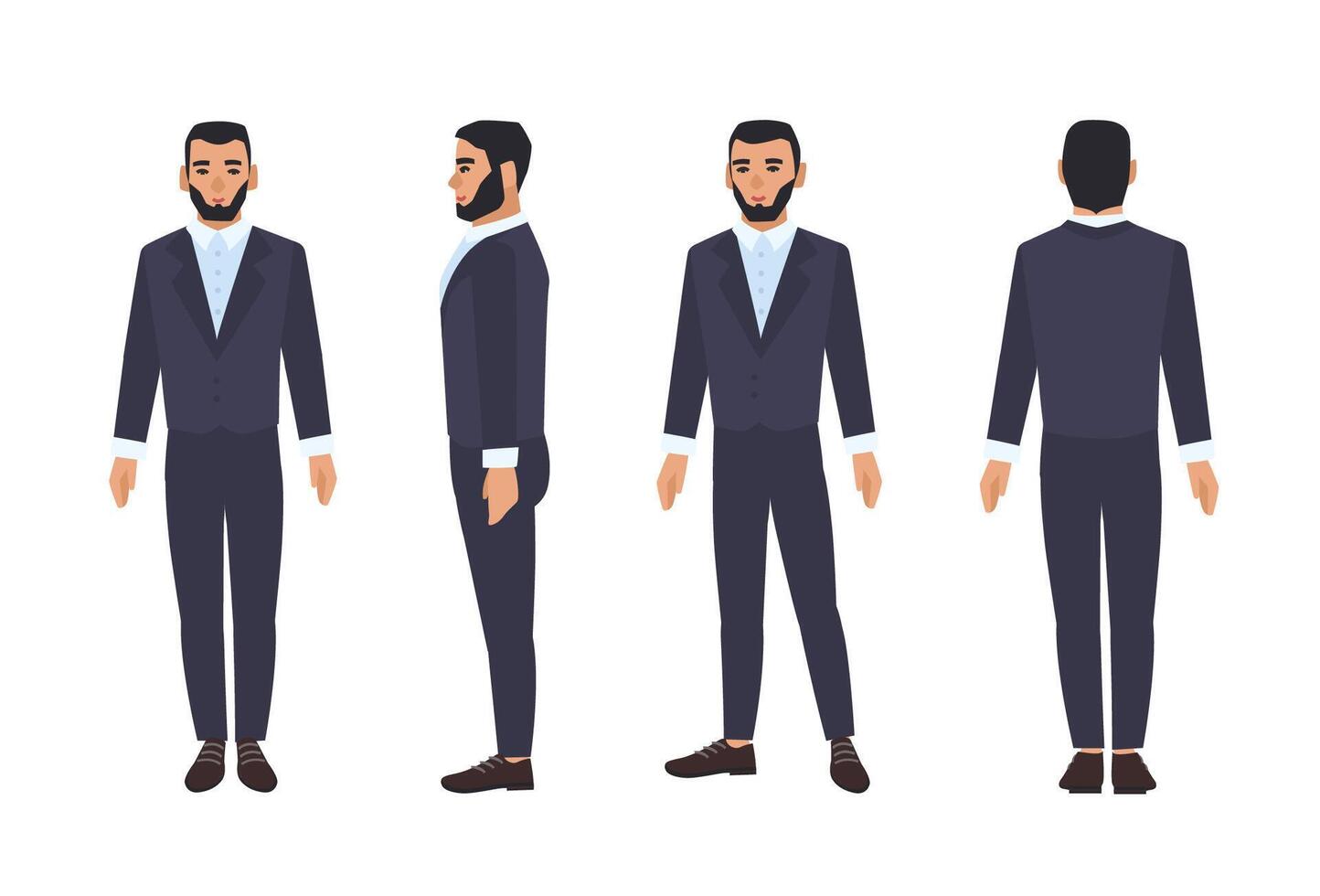 Caucasian business man or male office worker with beard dressed in smart suit or formal clothing. Flat cartoon character isolated on white background. Front, side and back views. illustration. vector