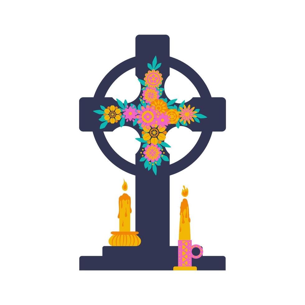 Grave Cross Carriage of Memory of the Dead with candles and flowers. Graveyard Tombstone and Cemetery Headstone. vector