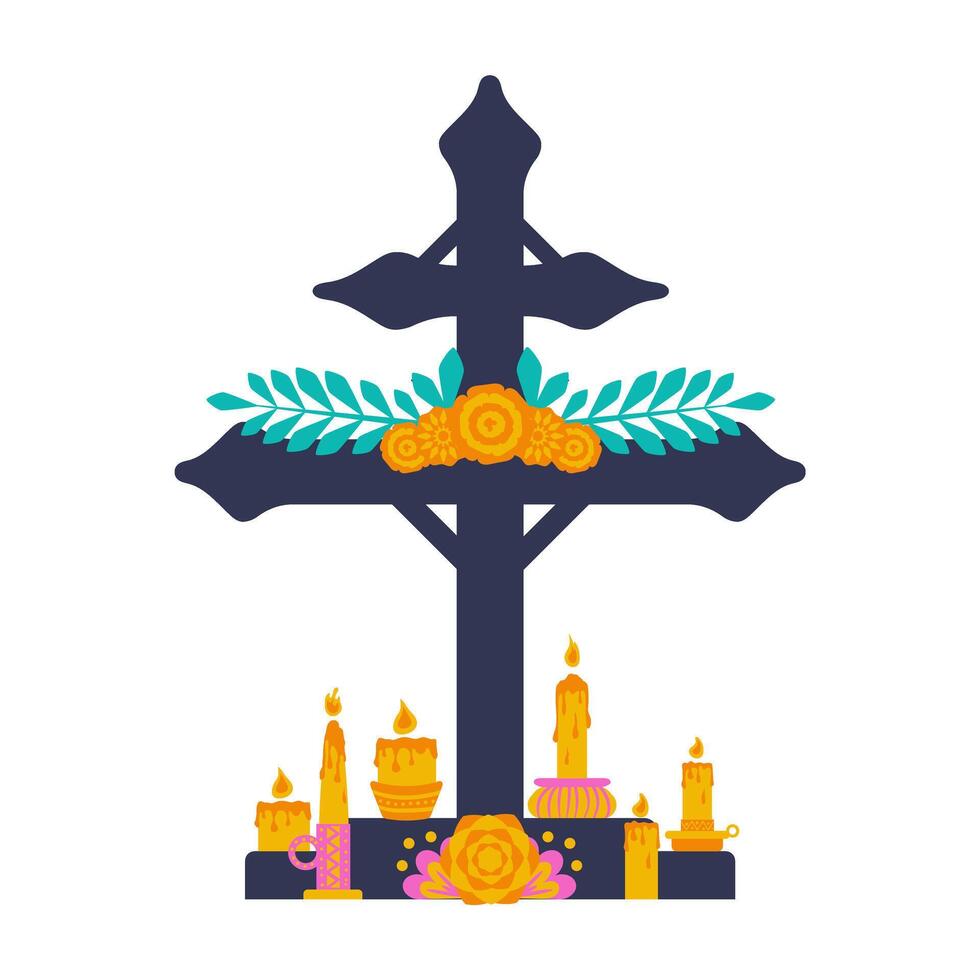 Grave Cross Carriage of Memory of the Dead with candles and flowers. Graveyard Tombstone and Cemetery Headstone. vector