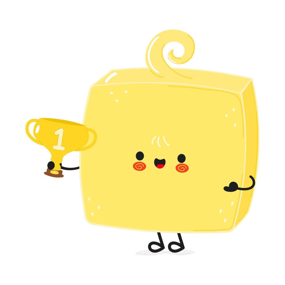 Cute funny Butter hold gold trophy cup. hand drawn cartoon kawaii character illustration icon. Isolated on white background. Butter with winner trophy cup vector