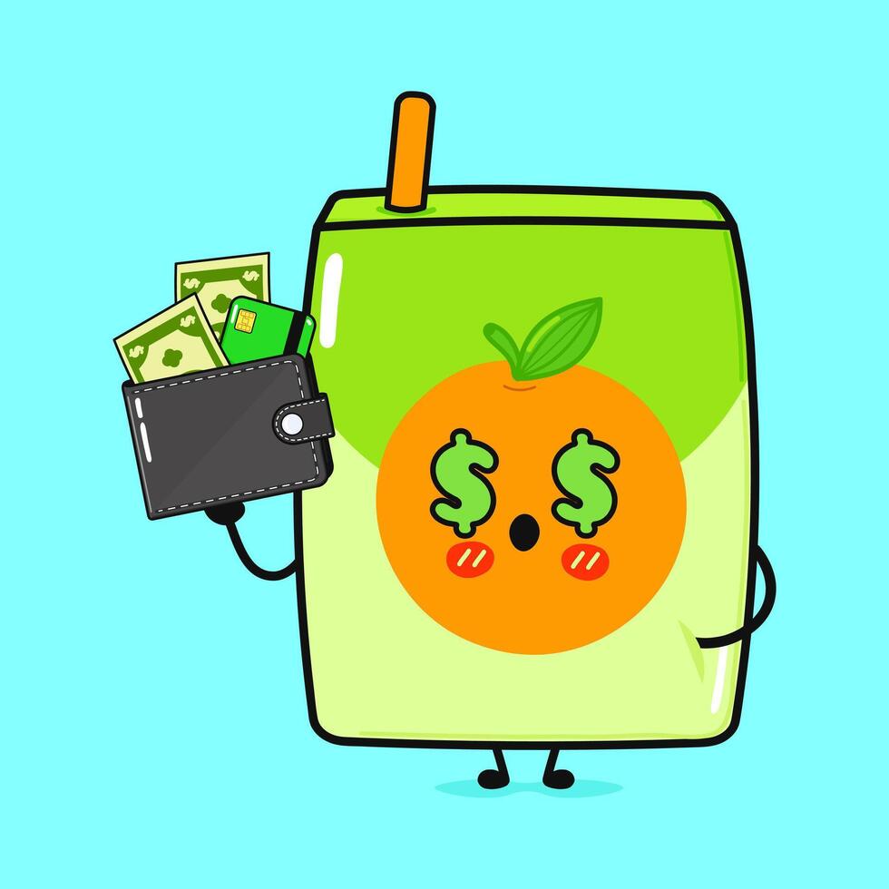 Juice Dollar, Wallet, Money character. hand drawn cartoon kawaii character illustration icon. Isolated on blue background. Orange juice character concept vector