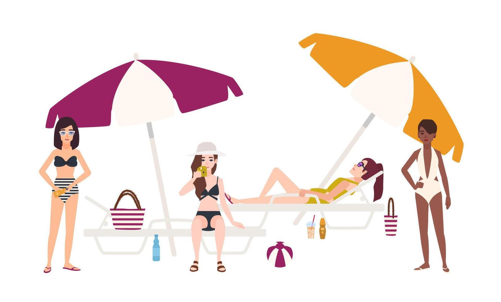 Cute girls dressed in swimsuits lying and sitting on sunloungers with umbrellas or standing beside it, relaxing and sunbathing. Young women in swimwear on beach. Flat cartoon illustration vector