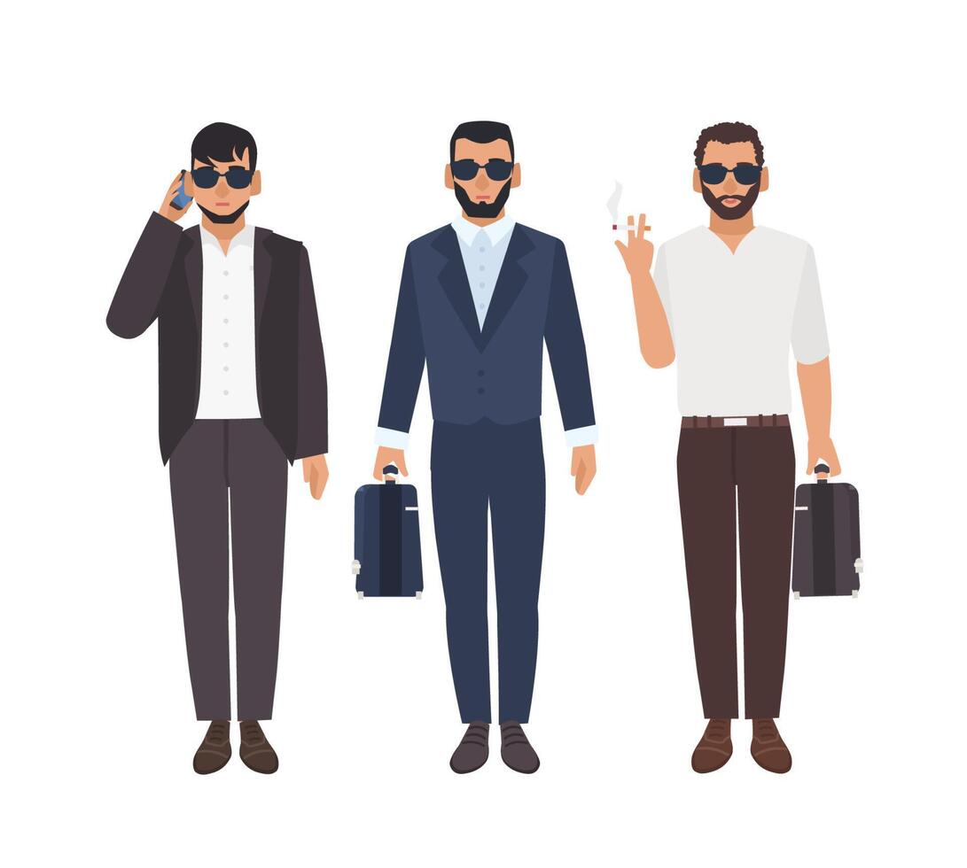 Set of bearded caucasian men dressed in business clothing carrying briefcases, talking on phone, smoking. Cool guys or mafia members. Male characters isolated on white background. illustration vector