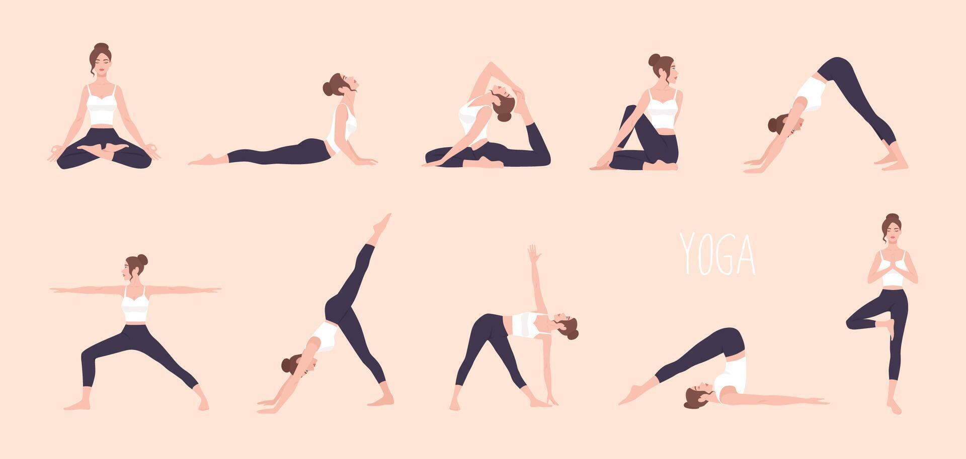 Collection of young woman performing physical exercises. Bundle of female cartoon character demonstrating various yoga positions isolated on light background. Colorful flat illustration. vector