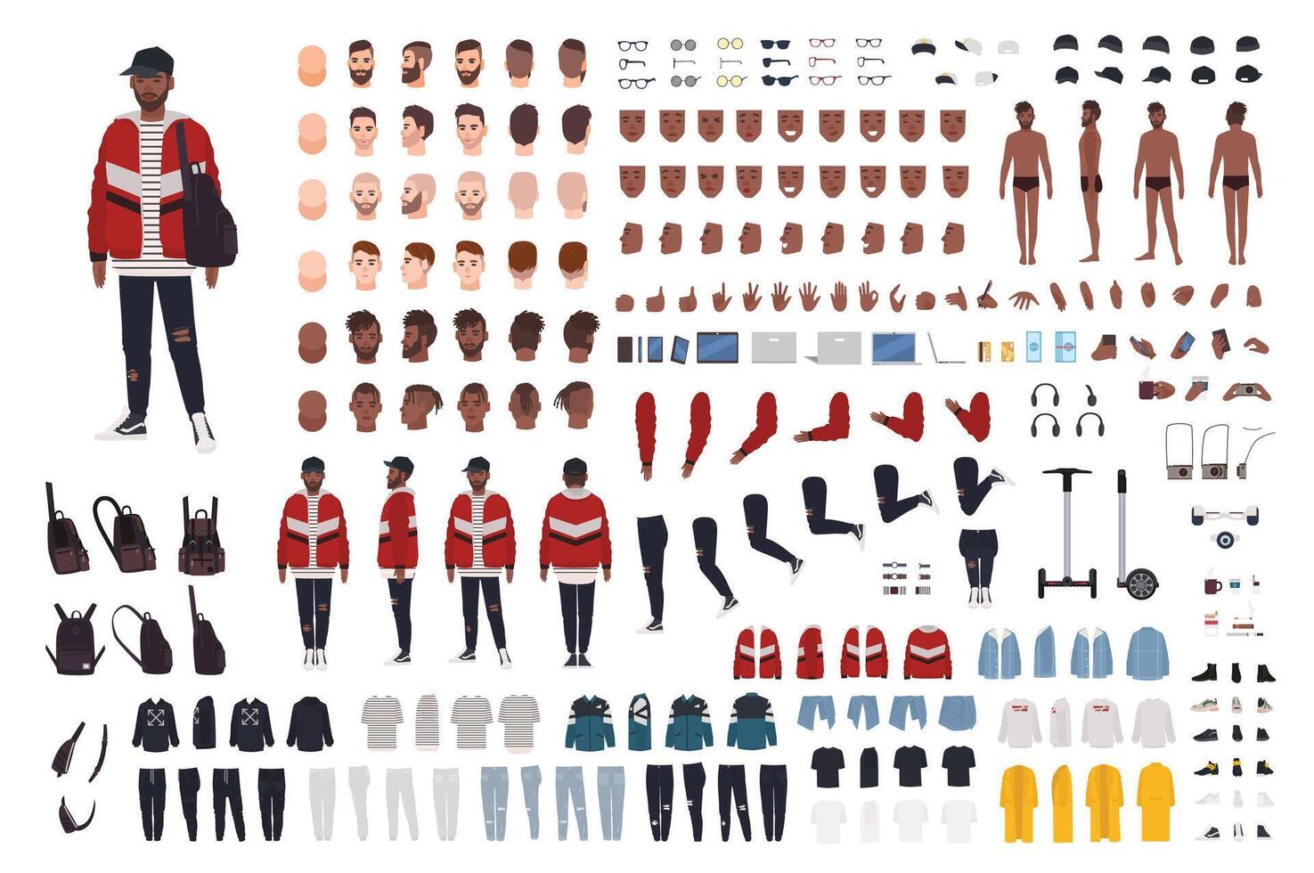 Stylish young man dressed in trendy clothes constructor. Guy in street style outfit. Set of body parts, clothing, accessories. Male cartoon character. Front, side, back views. illustration. vector